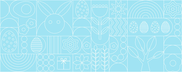 Easter pattern. Abstract geometric background in line and minimalist design. Eggs, spring flowers and decorations. For poster, postcard, scrapbooking, stickers. Vector.