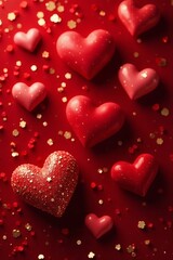 Red velvet background with glittering gold hearts , romance, gold, love