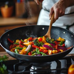 Colorful Vegetable Stir Fry in a Wok with Fresh Ingredients and Steam Rising in a Bright Kitchen Setting