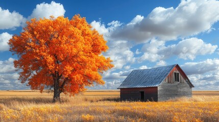 Autumnal Prairie Barn, Vibrant Tree, Cloudy Sky