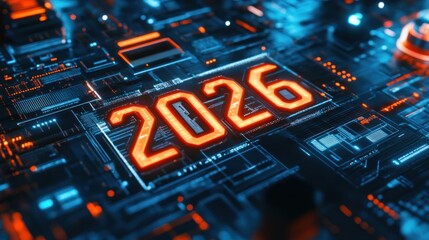 Obraz premium Futuristic digital display with the year 2026 displayed on a circuit board. Abstract, technological, and glowing.