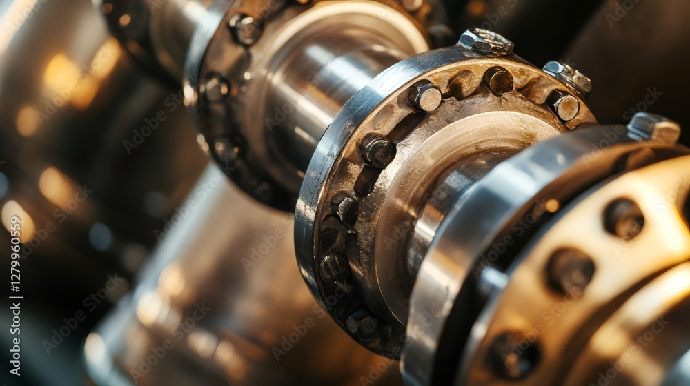 Poster close up of pipeline machinery showing flanges and bolts connecting pipes, highlighting industrial p