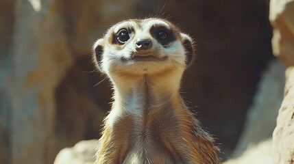 Fototapeta premium Curious Meerkat Looking Up in Zoo Enclosure