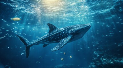 Fototapeta premium Whale Shark Underwater in a Blue Ocean with Sunlight Rays
