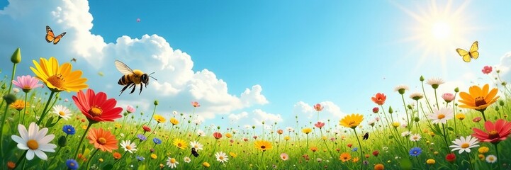 Obraz premium Scenic meadow with wildflowers, bees, and butterflies under a bright sky, landscape, butterflies, wildflowers