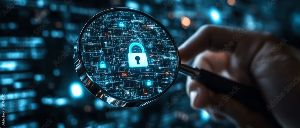 Leinwandbilder information security technology in business, system engineer using magnifying glass to analyze padlo
