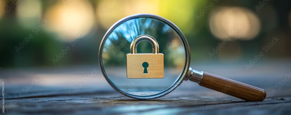 Poster Information security technology concept in business, system engineer analyzing padlock icons with a magnifying glass, securing computer and internet networks