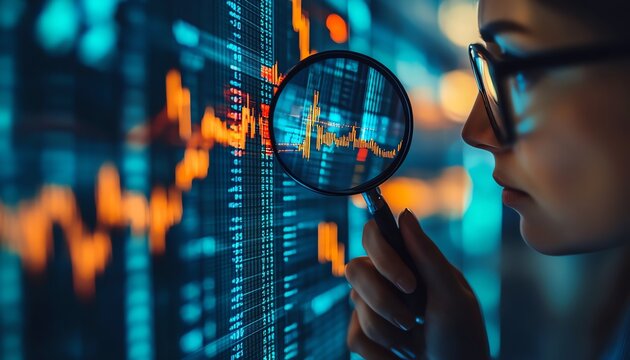 Investor with magnifying glass, analyzing price charts of the stock market, discovering investment strategies for optimal buying and selling moments