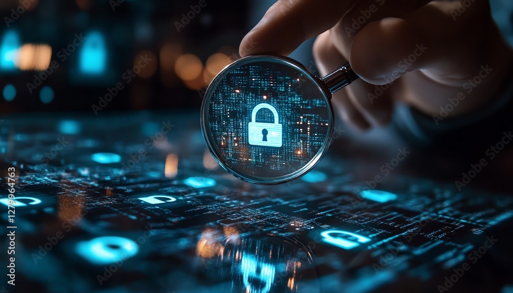 Poster Business information security, system engineer analyzing padlock icons with magnifying glass, securing digital systems and internet networks from vulnerabilities