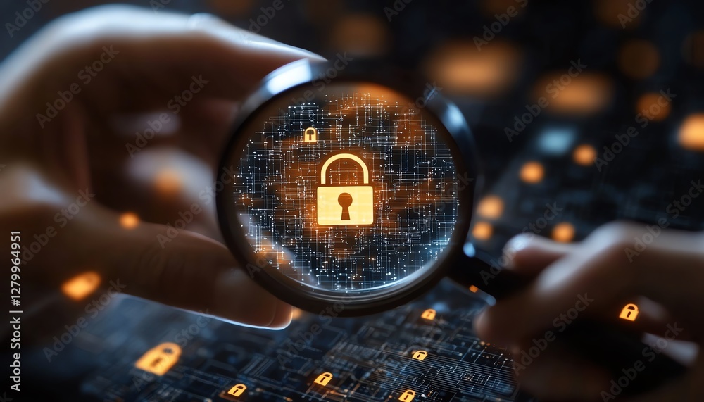 Poster Business information security, system engineer analyzing padlock icons with magnifying glass, securing digital systems and internet networks from vulnerabilities