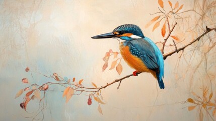 Blue Kingfisher Perched on Autumn Branch