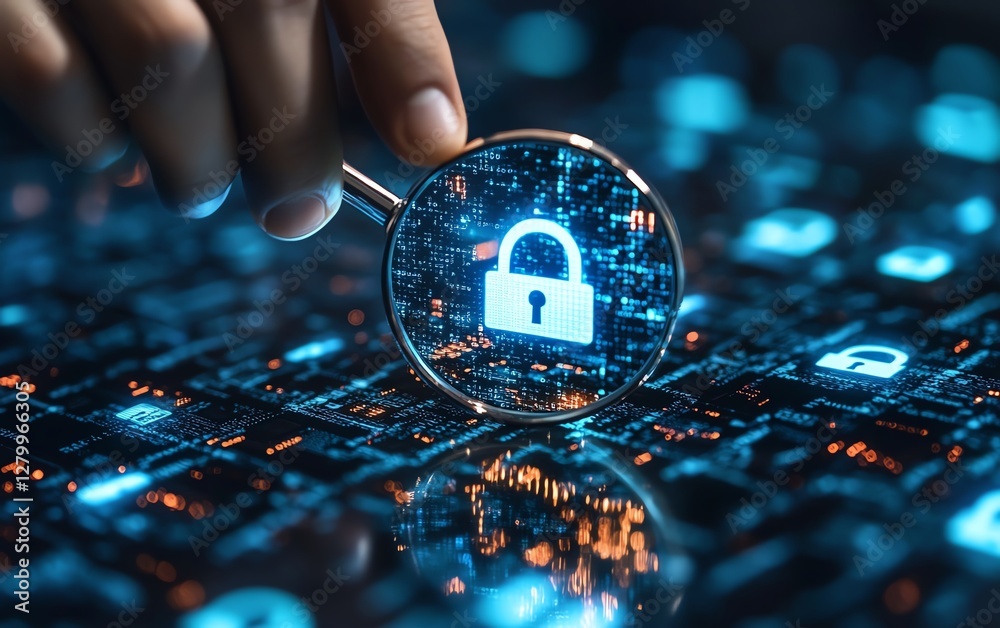Leinwandbilder Cybersecurity and information protection, system engineer analyzing padlock icons with magnifying glass, securing business networks and digital systems