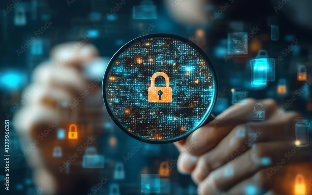 Poster Cybersecurity and information protection, system engineer analyzing padlock icons with magnifying glass, securing business networks and digital systems