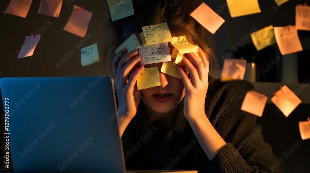 Poster professional buried in sticky notes struggles to manage time and tasks. the scene captures the chaos