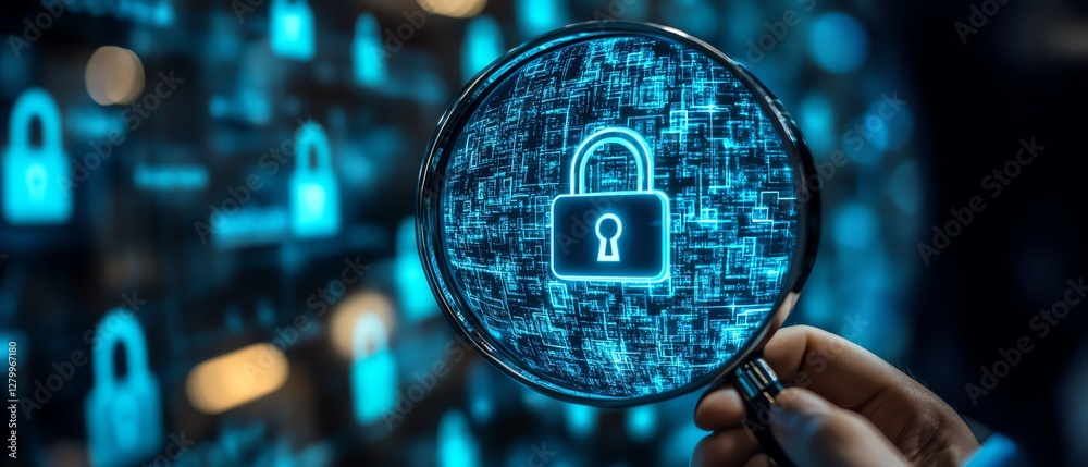 Poster Information security concept in business, system engineer examining padlock icons with magnifying glass, securing sensitive data and digital networks