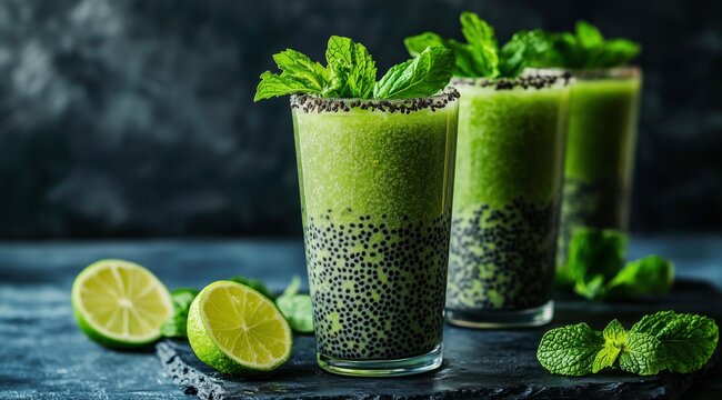  Refreshing Green Elixir: Three vibrant green beverages, artfully garnished with fresh mint and served in elegant glassware, offer a glimpse of a health-conscious lifestyle.