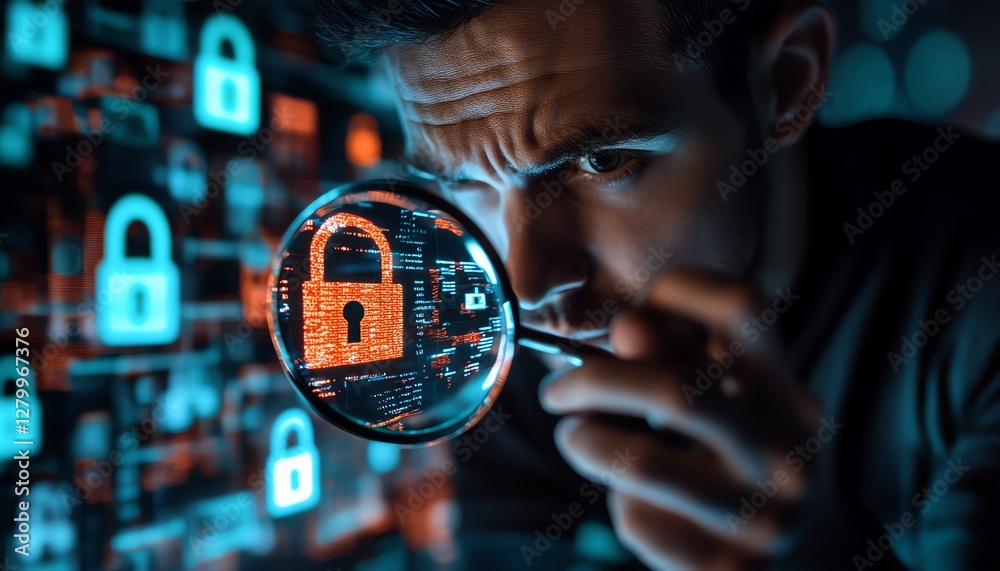 Poster Information security in business, system engineer examining padlock icons with magnifying glass, securing computer and internet networks from cyber threats