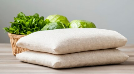 Fresh Vegetables and Natural Cushions on a Wooden Table Surface
