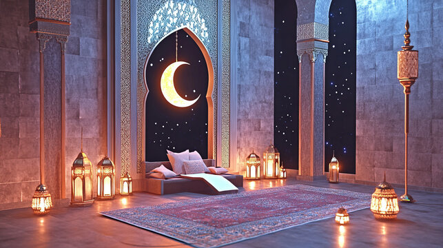 islamic-themed ramadan interior decor featuring crescent moon, ambient lighting, and luxurious moroccan lanterns in an elegant eid mubarak setting with diwan bed and starry sky