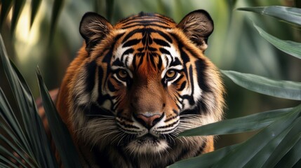 Closeup Portrait of a Tiger in Lush Green Foliage