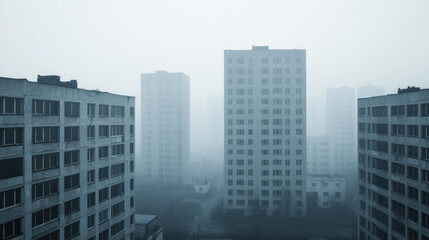 Environmental crisis. Foggy cityscape obscured by haze and tall buildings.