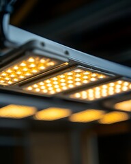 Industrial LED grow lights, close up, factory setting, illuminating plants