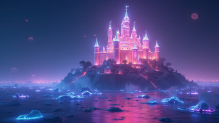 Naklejka premium Enchanting Neon Castle, Fantasy Island - Synthwave