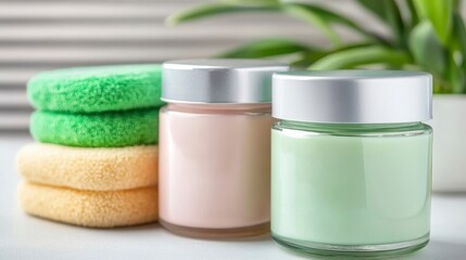 Skin Care Products Displayed with Soft Sponges and Plant Background