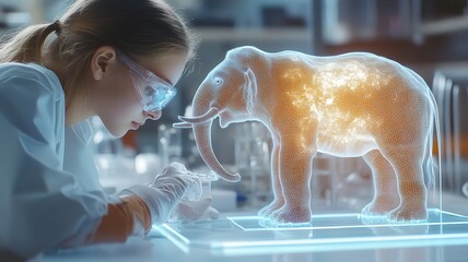 Young scientist examining glowing holographic elephant model in futuristic laboratory for wildlife research and education.