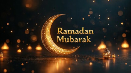 Fototapeta premium Ramadan Mubarak greeting card featuring crescent moon and lanterns.
