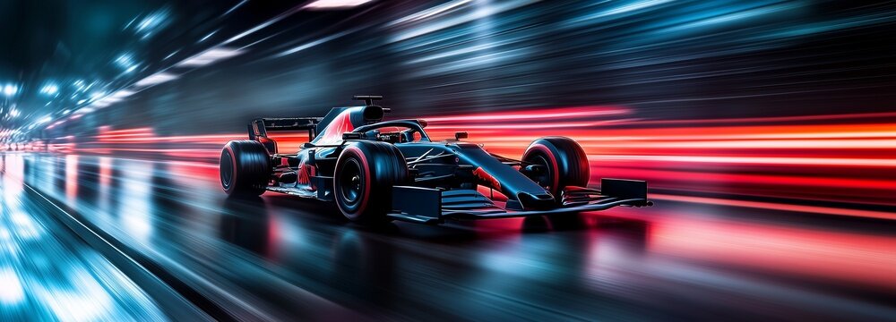 Formula 1 motor sport race car driver at high speed performance motion blur speed racing track in vibrant red colors. Generative AI
