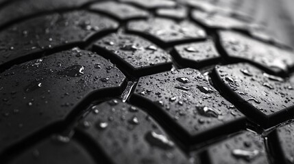 Close Up View Of Black Tire Tread With Water Droplets