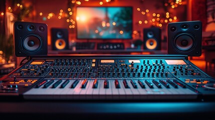 Fototapeta premium Music Production Setup Includes Soundboard Speakers and Keyboard