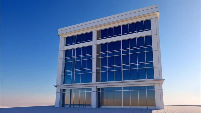 Modern office building showcasing contemporary style with glass facade, large windows, and exterior view against clear blue sky in urban design.