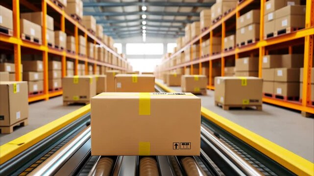Efficient warehouse storage with packages on conveyor belts for seamless logistics and timely delivery of industrial boxes.