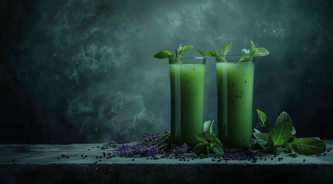 Emerald Elixir: Two glasses brimming with a vibrant green concoction, adorned with fresh mint sprigs and surrounded by aromatic lavender, promising a refreshing and health-conscious experience.