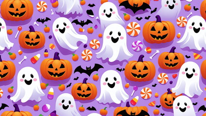 The bright orange, rich purple, and deep black color palette creates a bold and lively Halloween aesthetic.