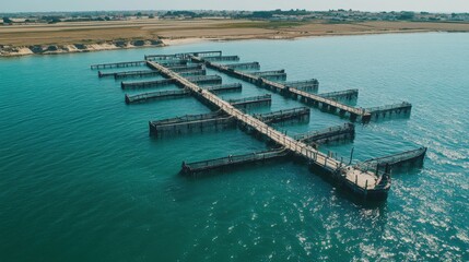 Aerial view of a coastal fish farm with multiple floating platforms in serene blue waters