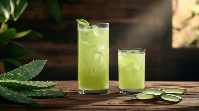 Refreshing Elixir: Two glasses of invigorating green drink, meticulously crafted with ice, garnished with leaves, and illuminated by natural light, sit on a rustic wooden surface.