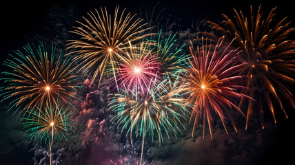 Fireworks Explosion in Night Sky: Captivating display of colorful fireworks illuminating the night, each burst leaving a trail of light and creating a vibrant spectacle.