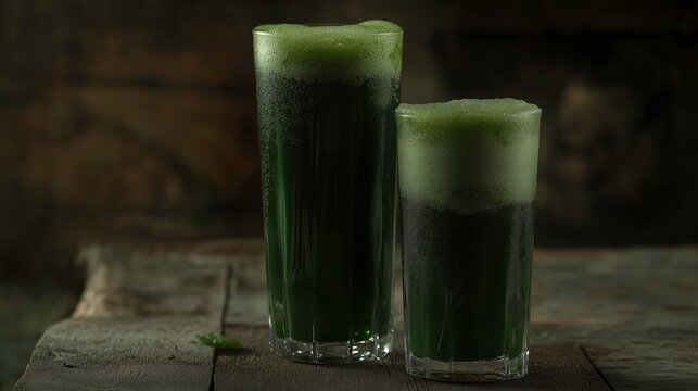 Green Elixir: Two elegant glasses, brimming with a vibrant green liquid, exude a sense of freshness and health, set against a rustic backdrop that enhances their natural appeal.
