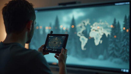 Global Monitoring: Man Analyzing World Map Data - Technology & Inno.