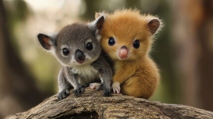 Obraz premium Two Adorable Baby Animals Cuddling on a Log