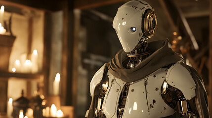 cybernetic angel with mechanical wings, standing before a grand, classical cityscape 