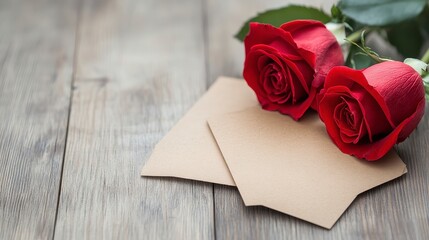 Romantic Red Roses and Kraft Envelopes on Rustic Wooden Background