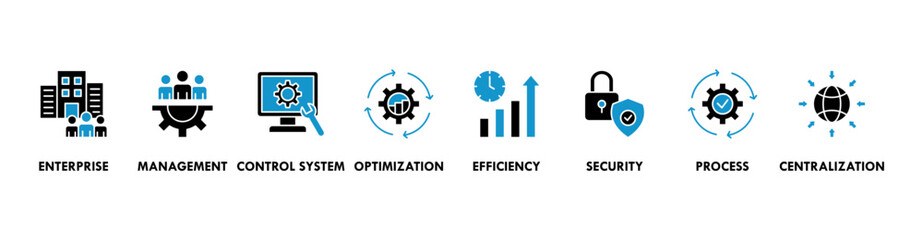 Industrial control system banner web icon vector illustration concept with icon of enterprise, management, control system, optimization, efficiency, security, process, centralization