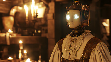 cybernetic angel with mechanical wings, standing before a grand, classical cityscape 