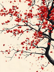 Fototapeta premium Cherry blossoms in wind, tranquil nature scene, artistic style