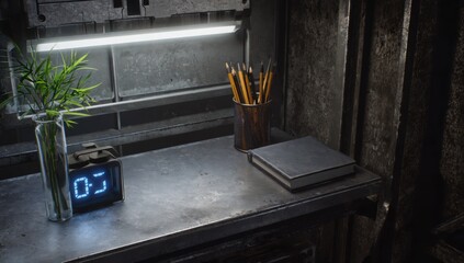 Obraz premium Industrial Workspace with Plants and Clock