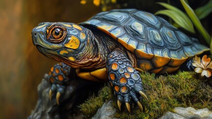 Fototapeta premium Closeup of a Colorful Turtle on Mossy Rock